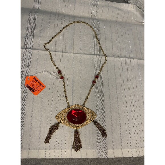 Vintage Art Deco Filigree Red Glass Rhinestone Pendant Necklace Unsigned tassles